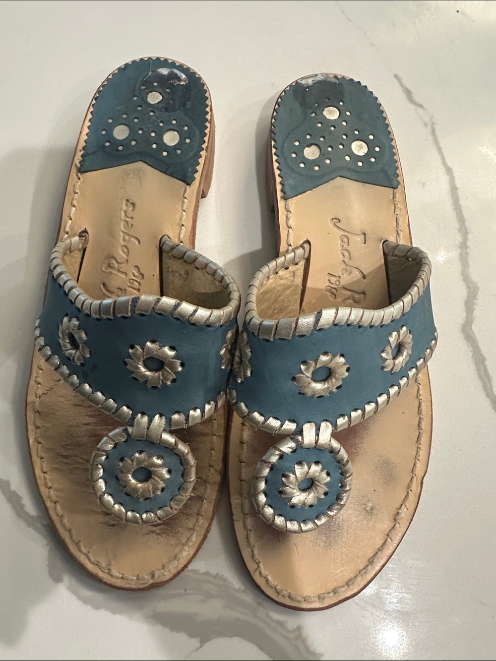 Jack Rogers Blue Leather Slide Sandals with Silver/ gold Trim